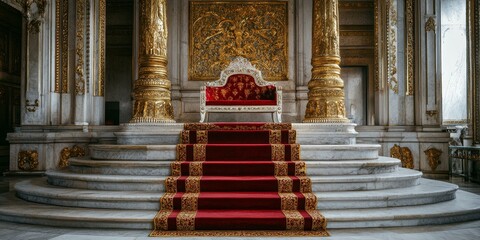 A throne, marble stairs, and a red carpet.