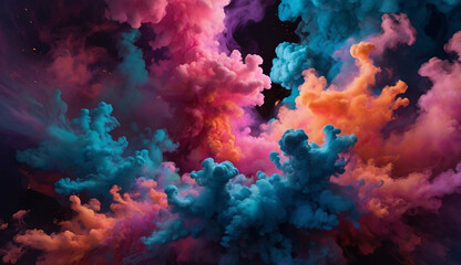 Vibrant clouds of colorful smoke in pink, blue, orange, and purple swirl and mix together against a dark background, creating a dynamic and dreamlike effect.
