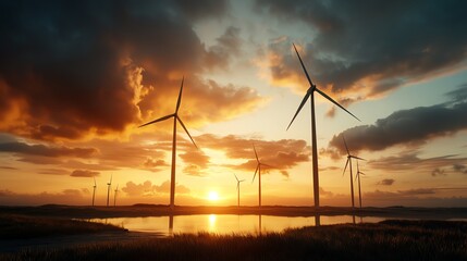 Fototapeta premium Offshore wind farm with dramatic storm clouds, sustainable power in action, 3D illustration
