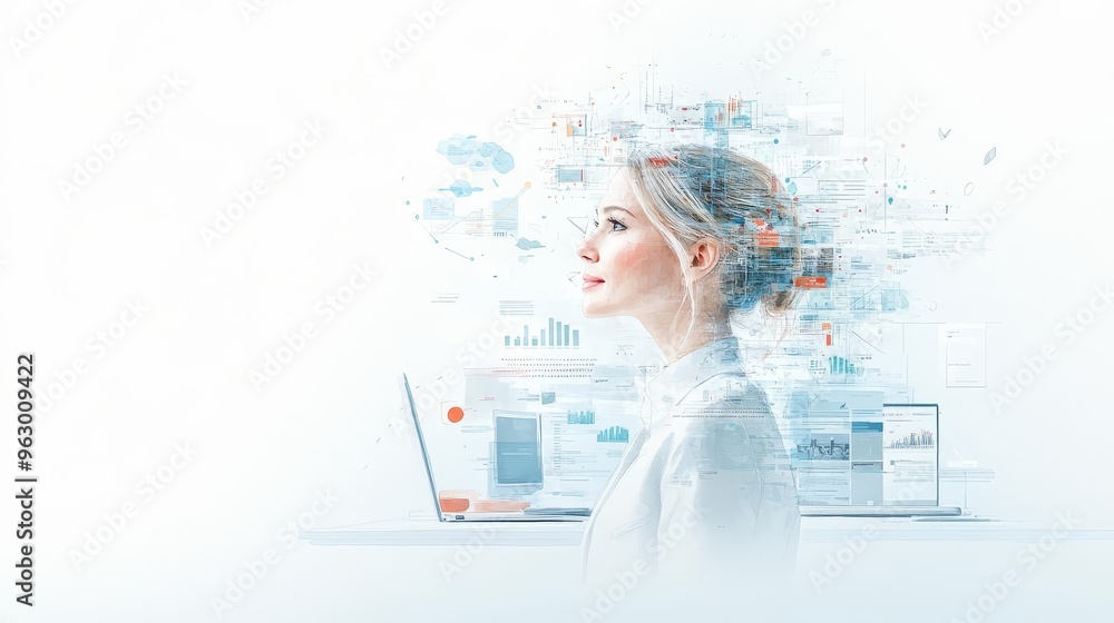 Poster a sleek office environment with a closeup headshot of a professional the background subtly highlight