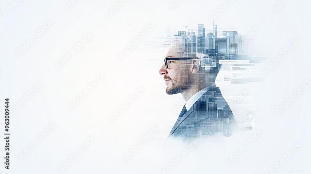 Poster a sleek office environment with a closeup headshot of a professional the background subtly highlight