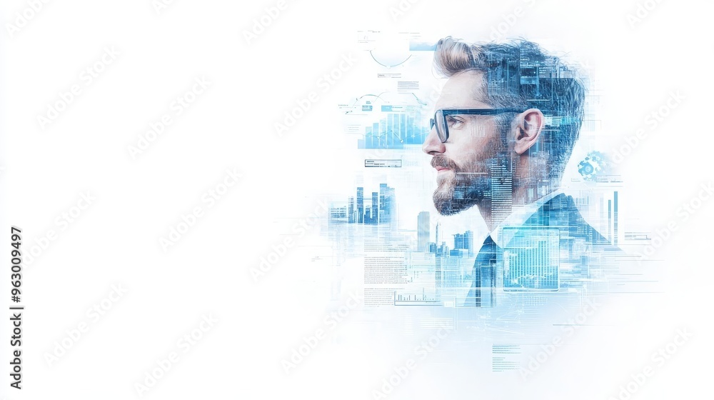 Poster a sleek office environment with a closeup headshot of a professional the background subtly highlight