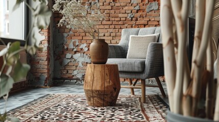 Wooden stool and vase on patterned carpet in a cozy room with grey armchair by brick wall