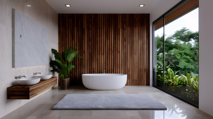 Fototapeta premium Modern Bathroom With Marble Fixtures Light Brown