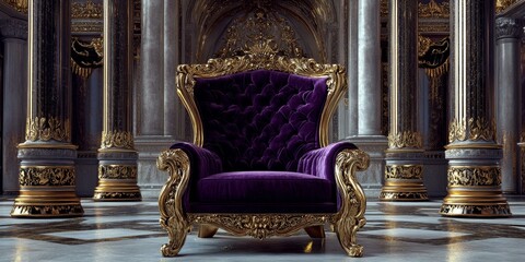 Ornate gold throne in a grand hall.