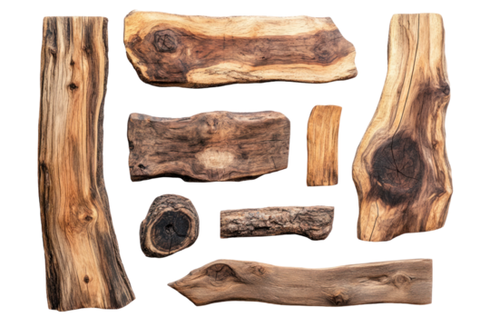 wooden pieces with various shapes and textures