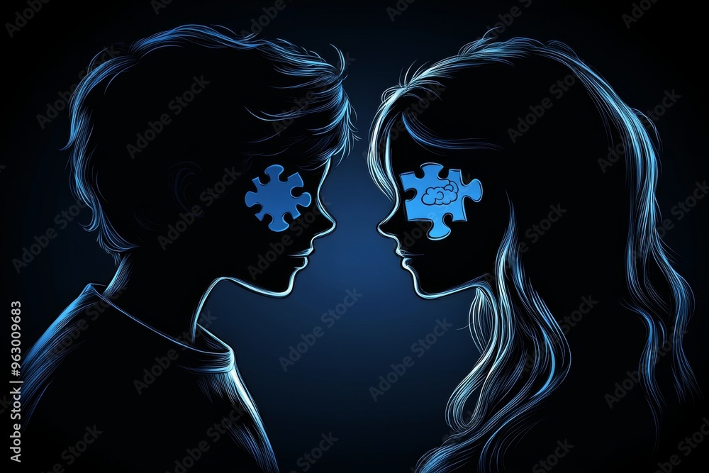 Poster neural stamina cognitive mirroring a man and woman with puzzle piece brains engage in an intellectua