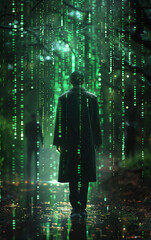 Businessman is walking on a wet city street at night, with digital data streaming around him