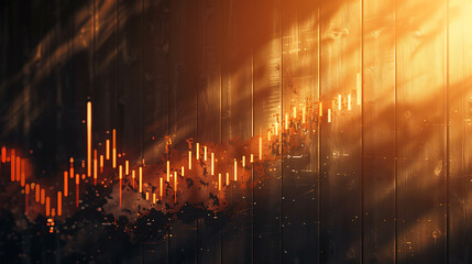 Fototapeta premium Abstract stock market chart glowing on dark wooden background with a warm spotlight.