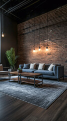 Naklejka premium Urban loft living room with dark industrial design and cozy lighting. Contemporary Interior design composition