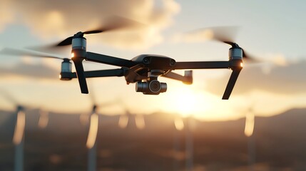 Solarpowered drone flying over wind turbines, hybrid clean energy, 3D illustration