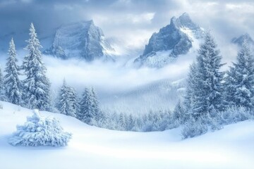 Obraz premium Serene winter landscape with snow-covered mountains.