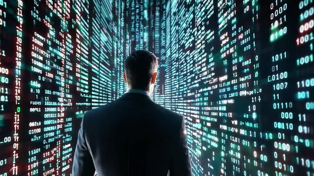 A businessman walking along vibrant array of binary code, surrounded by towering digital data projections, business and technology concept