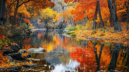 Fototapeta premium A picturesque fall landscape with a winding river reflecting the vivid colors of the surrounding trees,