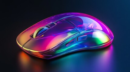 Colorful iridescent computer mouse with neon reflections on a dark surface