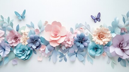 Elegant pastel-colored paper flowers and butterfly arranged in a horizontal floral pattern on a clean white backdrop, giving a fresh and modern decorative feel.