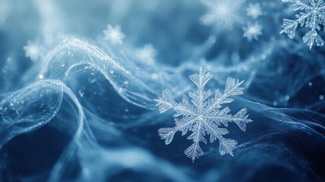 Delicate snowflakes floating through an abstract blue wintery background, with swirling patterns and a cool tone. Perfect for winter-themed designs.