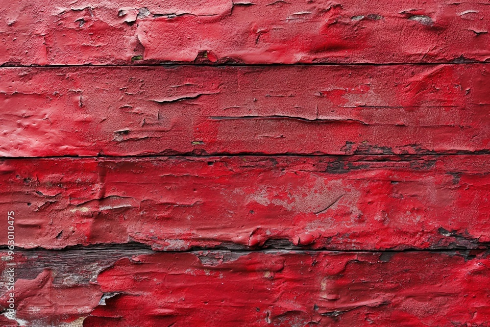 Poster weathered red paint surface with rough texture, peeling off to wood grain. close-up view of distress