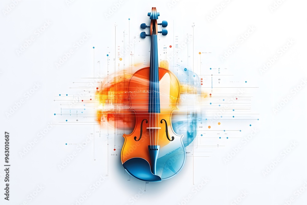 Poster digital violin with abstract lines and dots.