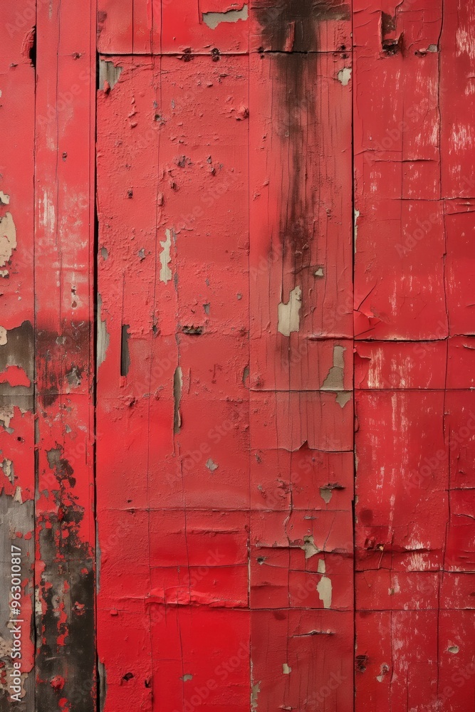 Poster weathered red paint peels off to reveal wooden surface with black and white patches. close-up view f