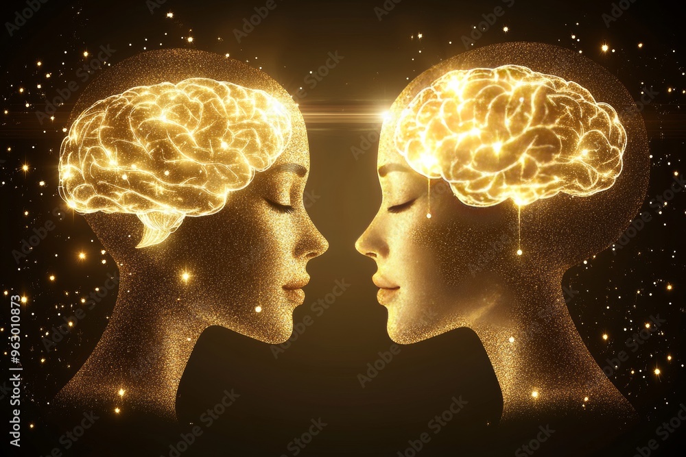 Poster Mind efficiency Cognitive mirroring Golden toned artistic depiction of two heads with glowing brains connected by a beam of light symbolizing shared knowledge and mental enlightenment