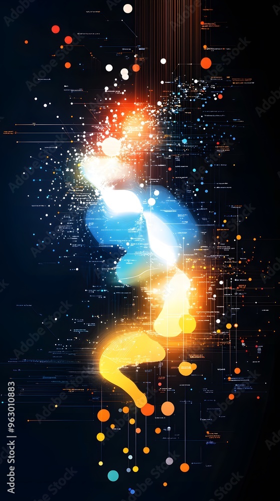 Poster abstract technology background with colorful lines and circles.