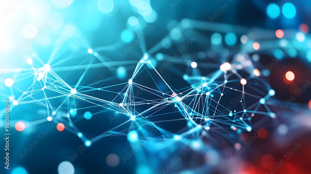 Poster abstract network connection, blue and red bokeh background.