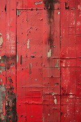 Weathered red paint peels off to reveal wooden surface with black and white patches. Close-up view from side shows uneven paint distribution. Blurred background highlights aged wood texture.