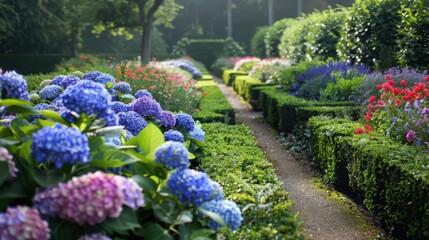 A picturesque flower garden with blooming hydrangeas, colorful begonias, and fragrant lavender