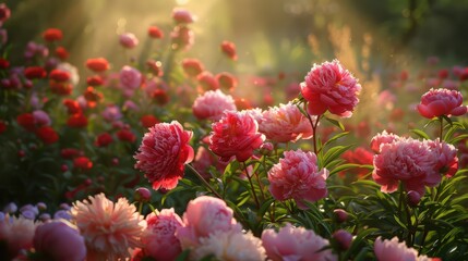 A picturesque garden scene with clusters of blooming peonies in shades of pink and red, creating a lush and vibrant display in the spring sunlight