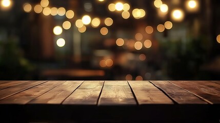 Empty wooden table top with blurred golden bokeh lights in the background of a cozy cafe restaurant, dark atmospheric setting perfect for showcasing food, drink, or product presentations in warm, invi