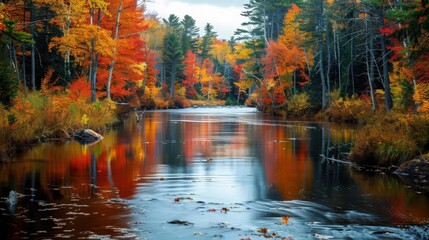 Fototapeta premium A picturesque landscape features a river flowing through a forest of fall foliage, with the vibrant colors