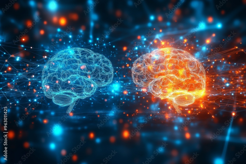 Poster cognitive strength group cohesion digital illustration of two brains one blue and one orange connect