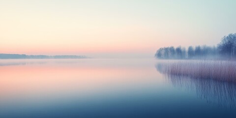 Fototapeta premium Serene lake with fog and trees at sunrise.