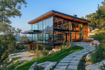 Fototapeta premium Modern glass house surrounded by nature and pathways.