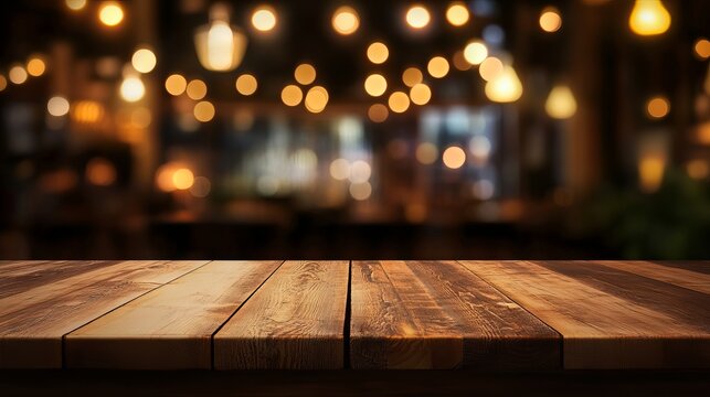 Empty wooden table top with blurred golden bokeh lights in the background of a cozy cafe restaurant, dark atmospheric setting perfect for showcasing food, drink, or product presentations in warm, invi