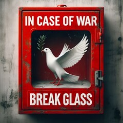 a red emergency break glass box. Inside is a standing white dove holding an olive branch in its beak, symbolizing peace. The box has text above it that reads, 'IN CASE OF WAR, BREAK GLASS.'