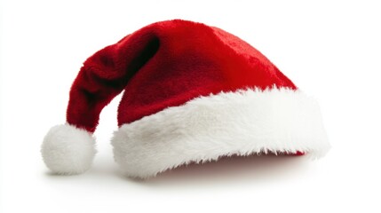 Traditional Santa hat resting neatly on a clean white background, showcasing the classic holiday symbol.