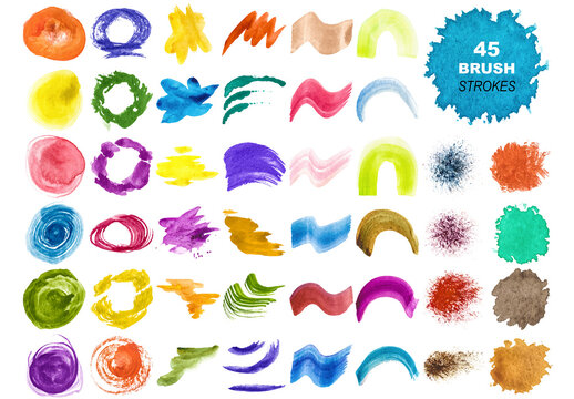 Vector collection of colorful watercolor brush strokes and splatters isolated on white background.