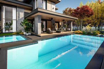 3d rendering of modern two story house with gray and wood accents, large windows, parking space in the right side of the building, surrounded by trees and bushes, daylight in autumn day