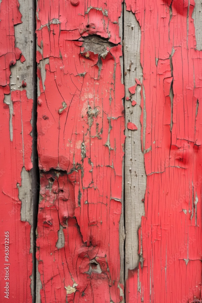 Poster Weathered wooden surface shows reddish-brown planks with cracks and peeling paint. Vertical, horizontal layers create textured effect. Chipped paint beneath wood. Close-up view from above.