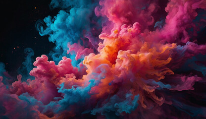 Vibrant clouds of colorful smoke in pink, blue, orange, and purple swirl and mix together against a dark background, creating a dynamic and dreamlike effect.
