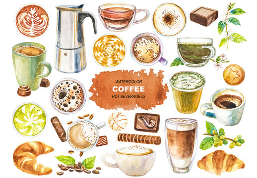 Vector watercolor painted coffee clipart. Hand drawn design elements isolated on white background.