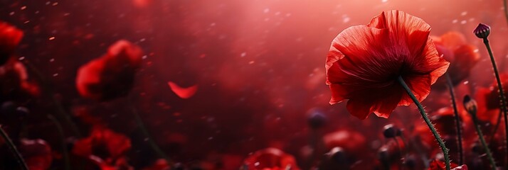 Remembrance Day greeting card. Beautiful red poppies flowers in the field. Lest we forget. Panoramic