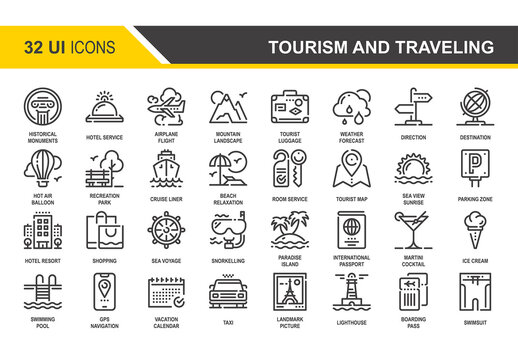 Vector set of tourism and traveling flat line web icons. Each icon with adjustable strokes neatly designed on pixel perfect 48X48 size grid. Fully editable and easy to use.