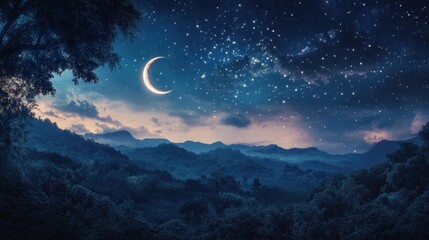 Night sky filled with twinkling stars and a crescent moon, casting a soft glow across a serene landscape.