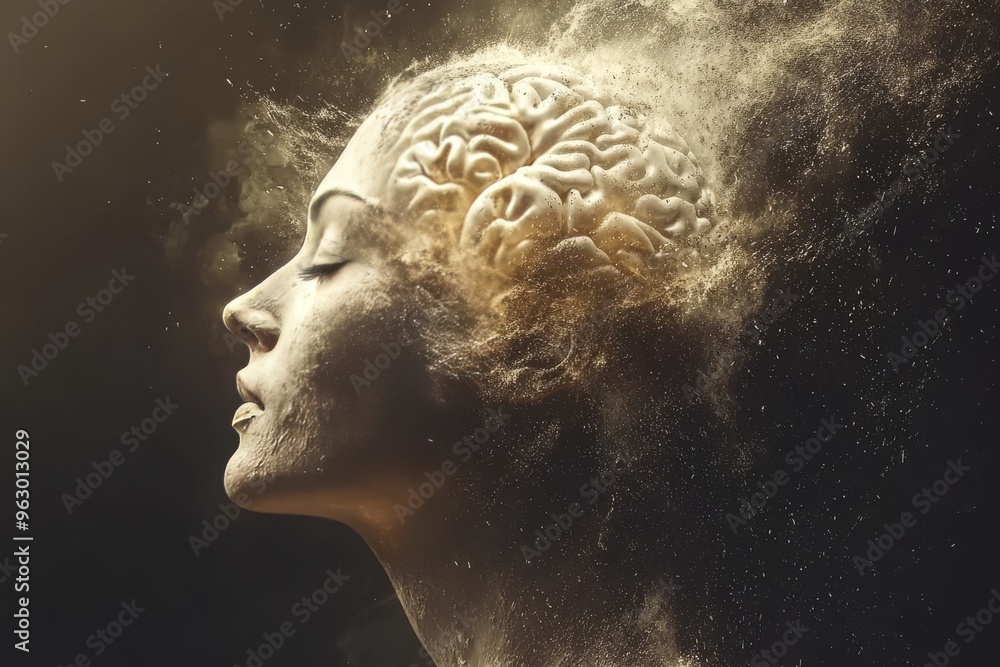 Poster cognitive efficiency group cohesion a woman’s face with a brain dissolving into dust symbolizing the