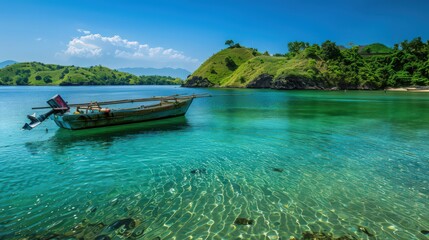 Obraz premium A picturesque view of a fishing boat anchored in a secluded bay, with lush green hills and calm, crystal-clear waters surrounding it.