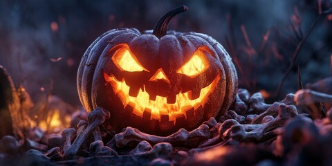 Naklejka premium A glowing jack-o-lantern on a bed of bones.