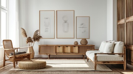 Wooden furniture against white wall art